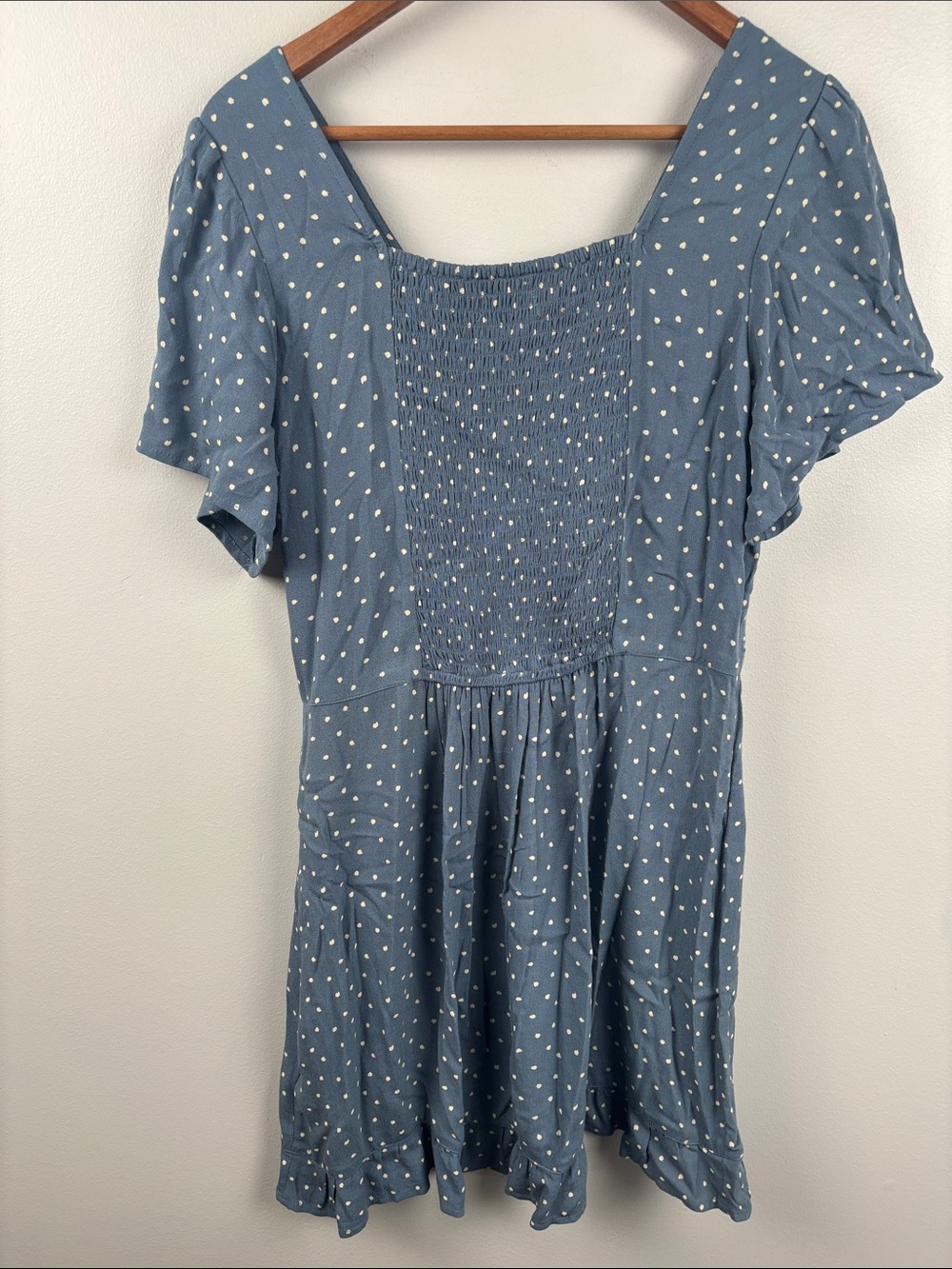 Abercrombie & Fitch Blue Polka Dot Mini Dress ruching pleated skirt size Medium - Picture 8 of 9